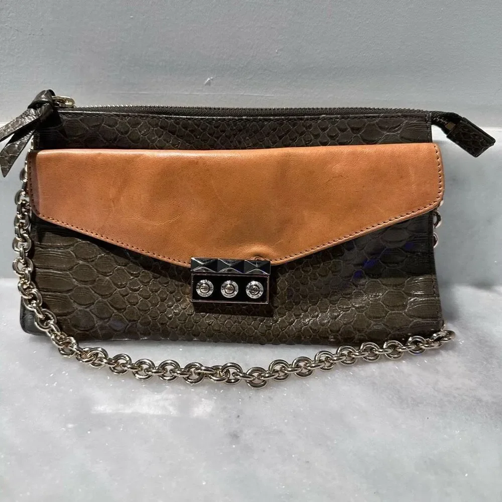Vintage Henri Bendel Green Crocodile and Camel Leather Clutch with Gold Chain